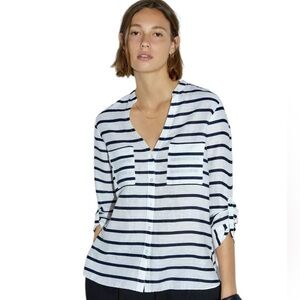 ZARA‎ Women’s V-Neck Nautical Blue & White Strip Tunic Linen Gold Accent Buttons